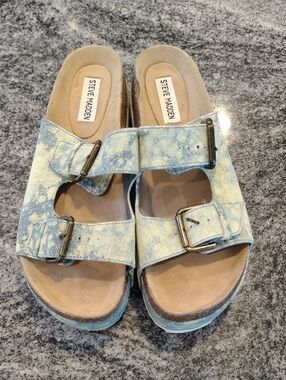 Steve Madden Acid-Wash Denim Double Buckle Slides - Blue